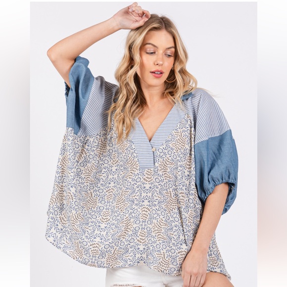 Boho Floral Print Puff Sleeve Tunic Top - Picture 4 of 7